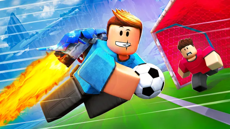 Illegal Soccer player boosting with a jetpack while carrying the ball toward the goal